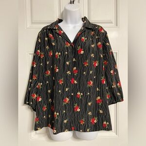 T22- NATURALLY YOURS Black Floral HAWAIIAN Blousy Shirt